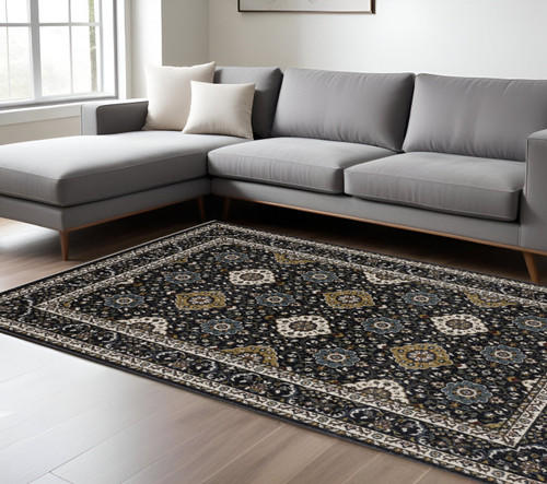 8' X 11' Navy Blue And Gold Medallion Area Rug With Fringe