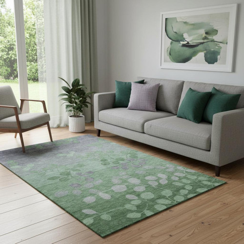 5' X 8' Green And Gray Floral Washable Area Rug With UV Protection