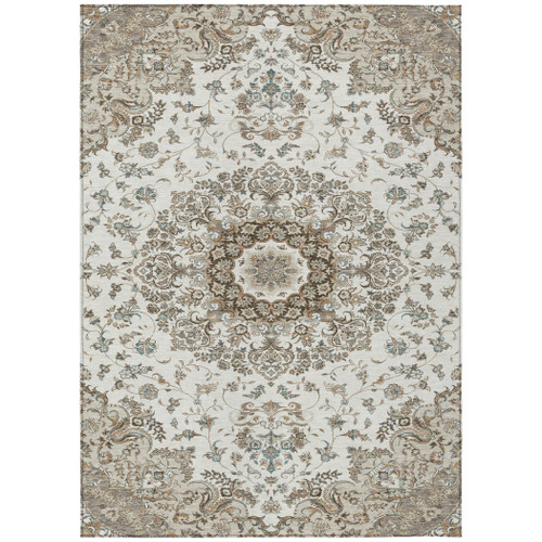 10' X 14' Ivory And Beige Floral Medallion Washable Indoor Outdoor Area Rug
