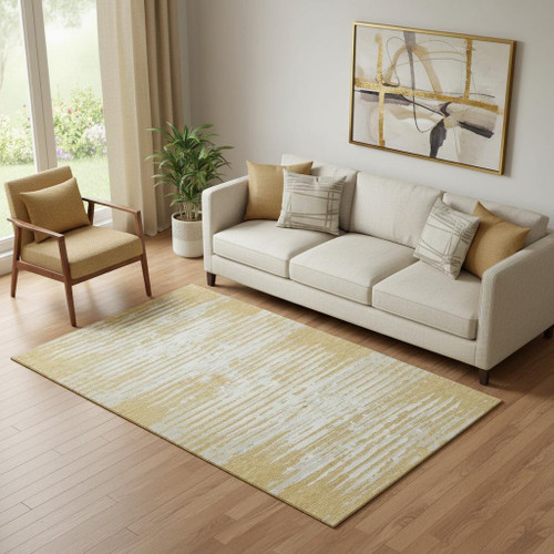 5' X 8' Gold And Ivory Striped Washable Area Rug With UV Protection