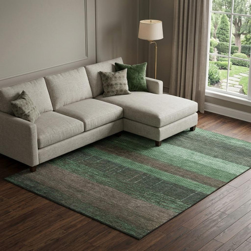 10' X 14' Green And Taupe Striped Washable Area Rug With UV Protection