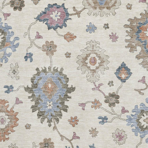 8' X 10' Ivory Blue And Coral Floral Washable Area Rug With UV Protection