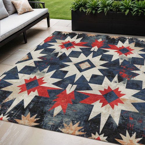 5' X 8' Navy Blue And Red Aztec Washable Indoor Outdoor Area Rug