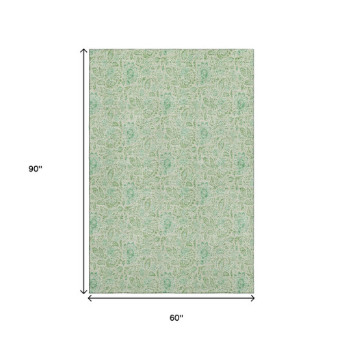 5' X 8' Sage And Ivory Floral Washable Area Rug With UV Protection