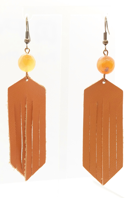 Pumpkin Fringe Leather and Large Jasper Earrings