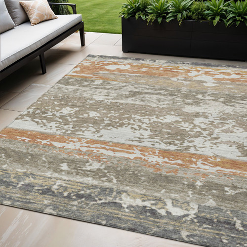 5' X 8' Taupe Copper And Ivory Striped Washable Indoor Outdoor Area Rug