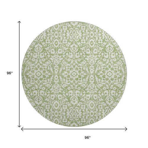 8' Green And Ivory Damask Washable Round Rug With UV Protection