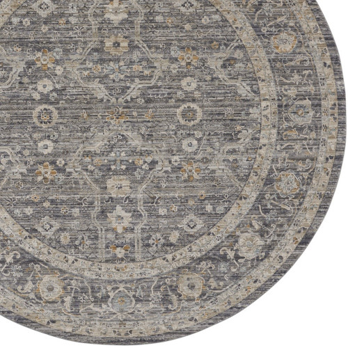 8' Slate Gray Brown And Ivory Floral Distressed Round Rug With Fringe