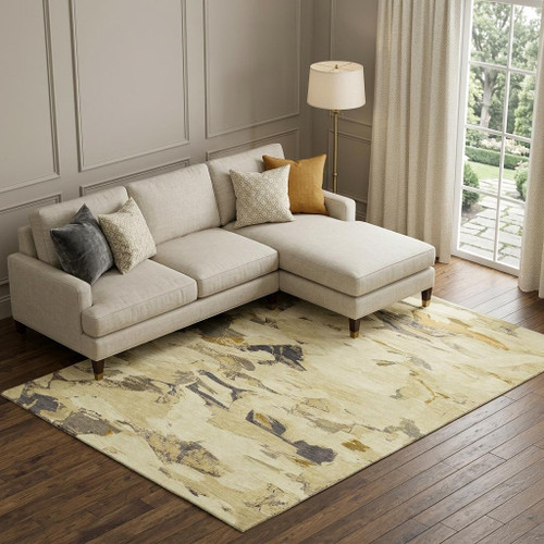 9' X 12' Gold Beige And Wheat Abstract Washable Area Rug With UV Protection