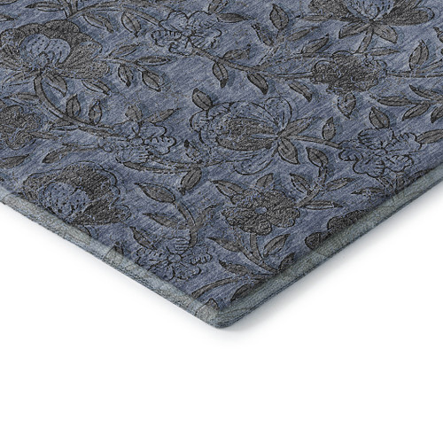 5' X 8' Blue And Gray Floral Washable Area Rug With UV Protection