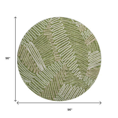8' Olive Green Ivory And Beige Floral Washable Round Rug With UV Protection