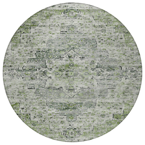 8' Artichoke Green And Gray Round Medallion Washable Indoor Outdoor Area Rug