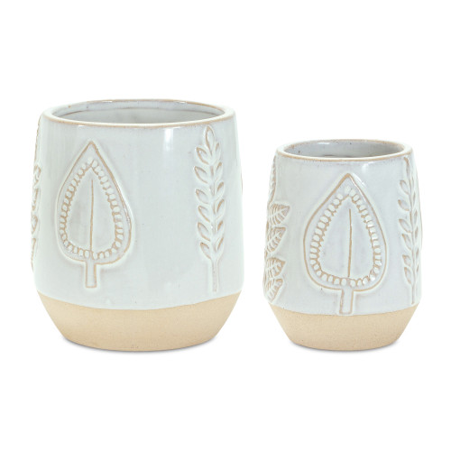 Set of Two Beige And Gray Porcelain 4 Ounce Leaf Round Pot Planters