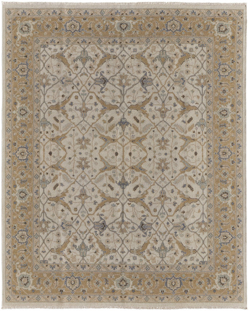 8' X 12' Ivory Gray and Tan Wool Oriental Hand Knotted Area Rug With Fringe