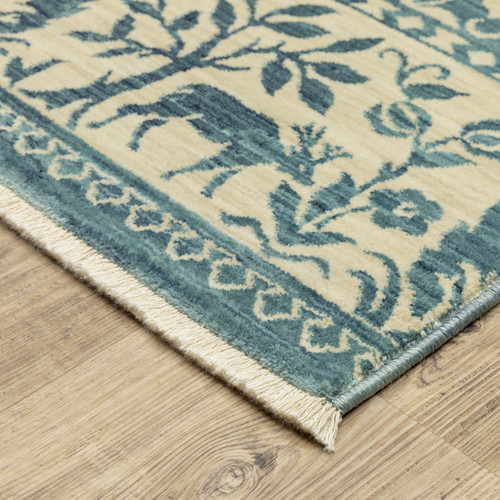 8' X 11' Ivory And Blue Oriental Area Rug With Fringe