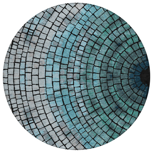 8' Teal Blue And Gray Round Geometric Washable Indoor Outdoor Area Rug