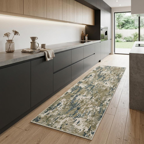 8' Beige Ivory And Teal Abstract Runner Rug With Fringe