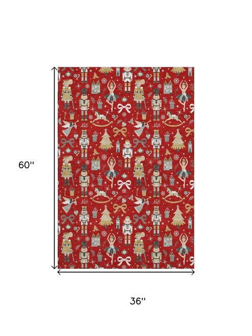 3' X 5' Red Gold And Gray Floral Washable Area Rug With UV Protection