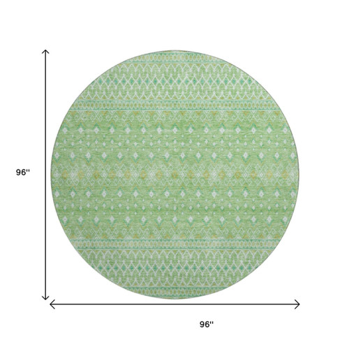 8' Artichoke Green Gold And Ivory Tribal Washable Round Rug With UV Protection