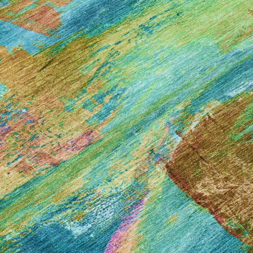 8' X 10' Teal Blue Lime Green And Blush Abstract Washable Indoor Outdoor Area Rug