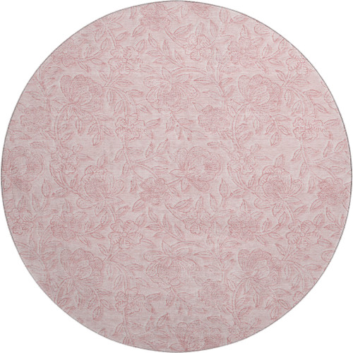 8' Pink And Ivory Floral Washable Round Rug With UV Protection