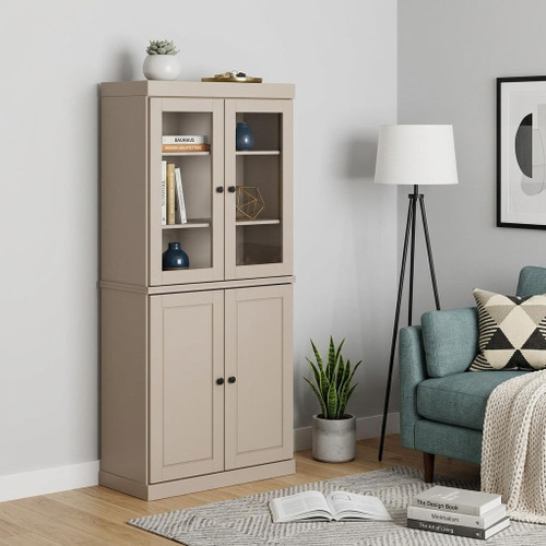 72" Beige Solid Wood Adjustable Six Tier Library Bookcase with Four Doors