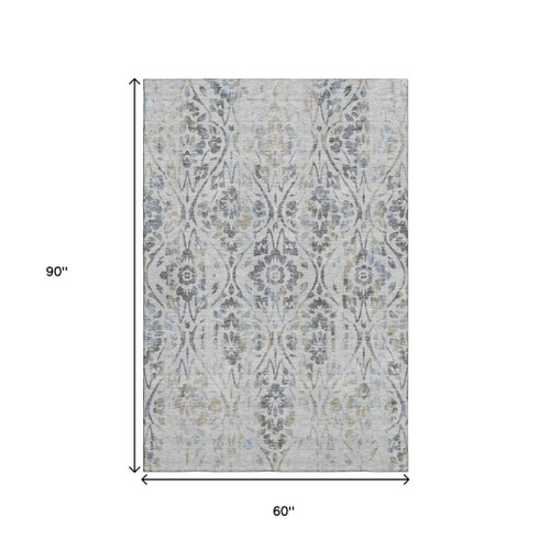 5' X 8' Gray And Blue Floral Washable Area Rug With UV Protection