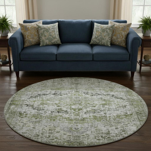 8' Artichoke Green Gray And Charcoal Oriental Washable Round Rug With UV Protection