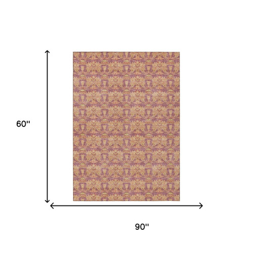 5' X 8' Mauve And Taupe Floral Washable Indoor Outdoor Area Rug