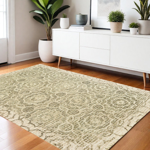 4' X 6' Green And Ivory Wool Geometric Hand Tufted Area Rug