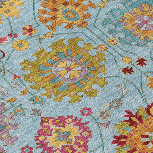 5' X 8' Sky Blue Gold And Pink Damask Washable Indoor Outdoor Area Rug