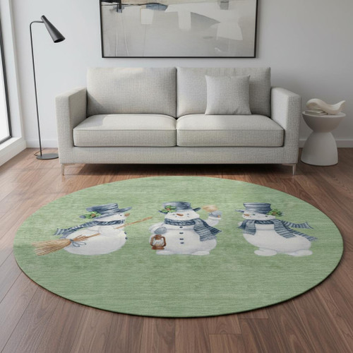 8' Artichoke Green Blue And Brown Geometric Washable Round Rug With UV Protection
