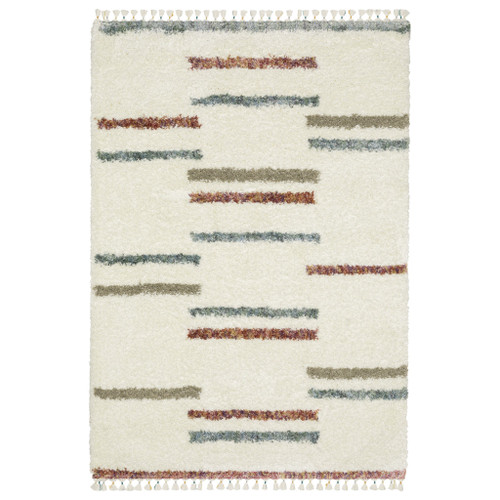 7' X 10' Ivory Brown And Gray Striped Shag Area Rug With Fringe