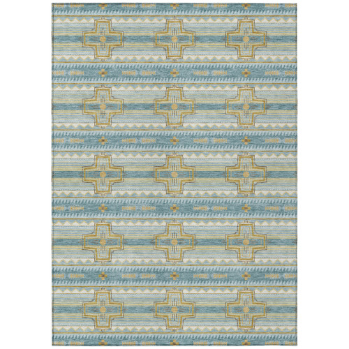 10' X 14' Teal Blue And Gold Tribal Washable Indoor Outdoor Area Rug