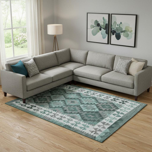 9' X 12' Pale Aqua And Ivory Tribal Washable Area Rug With UV Protection
