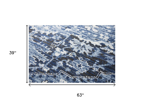 3' X 5' Blue Ivory And Dark Blue Oriental Area Rug