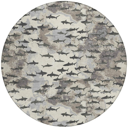 8' Beige And Gray Round Horse Washable Indoor Outdoor Area Rug