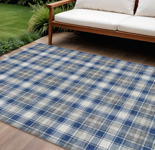 10' X 14' Navy Blue Ivory And Gray Plaid Washable Indoor Outdoor Area Rug