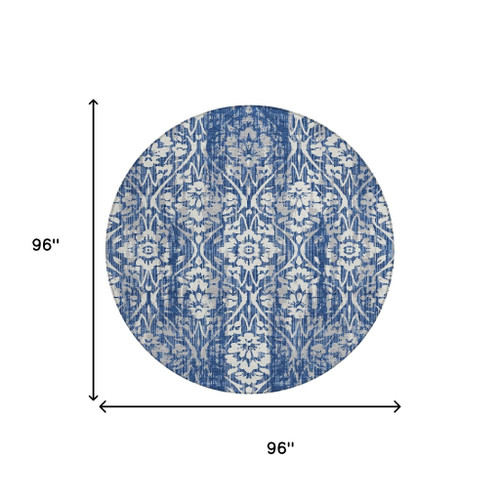 8' Navy Blue And Blue Round Damask Washable Indoor Outdoor Area Rug