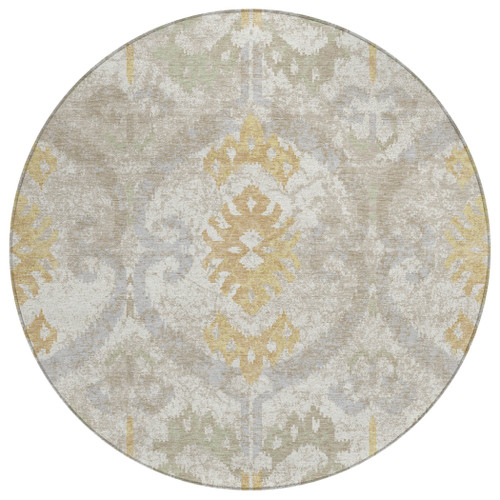 8' Ivory And Linen Round Ikat Washable Indoor Outdoor Area Rug