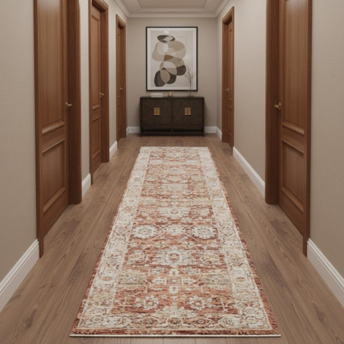 10' Ivory And Red Floral Medallion Distressed Runner Rug