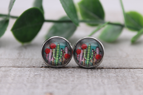 Floral Cactus || Glass Stud Earrings || Hypoallergenic