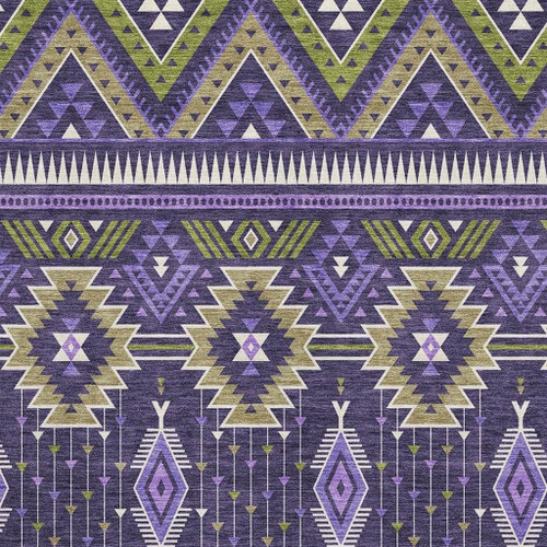 9' X 12' Purple And Fern Green Tribal Washable Area Rug With UV Protection