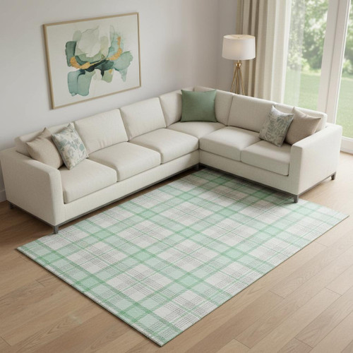 9' X 12' Aqua Ivory And Green Plaid Washable Area Rug With UV Protection