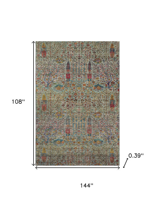 9' X 12' Green And Red Floral Vines Washable Area Rug With UV Protection