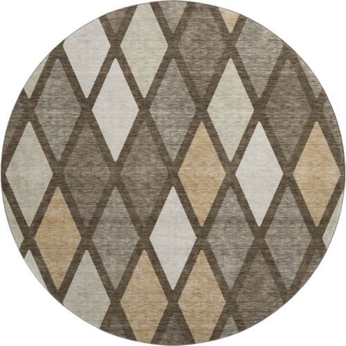 8' Brown Beige And Gold Geometric Washable Round Rug With UV Protection