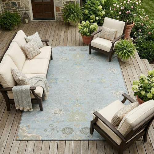 10' X 14' Sky Blue And Ivory Oriental Washable Indoor Outdoor Area Rug