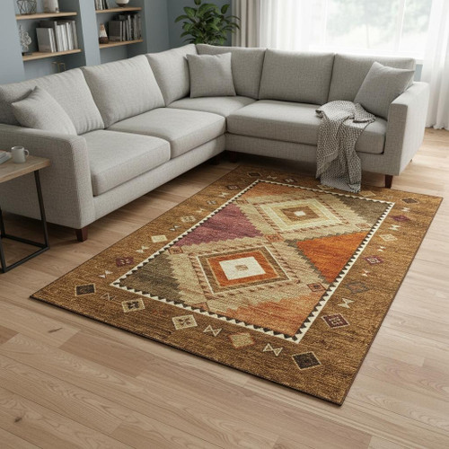 9' X 12' Brown Orange And Beige Geometric Washable Area Rug With UV Protection