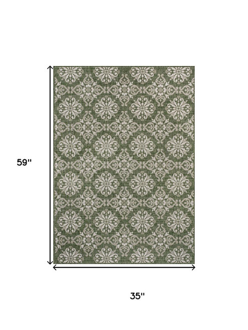 3' X 5' Green And Cream Floral Indoor Outdoor Area Rug