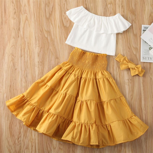 Girls Off the Shoulder Ruffle Crop Top and High Waist Skirt
